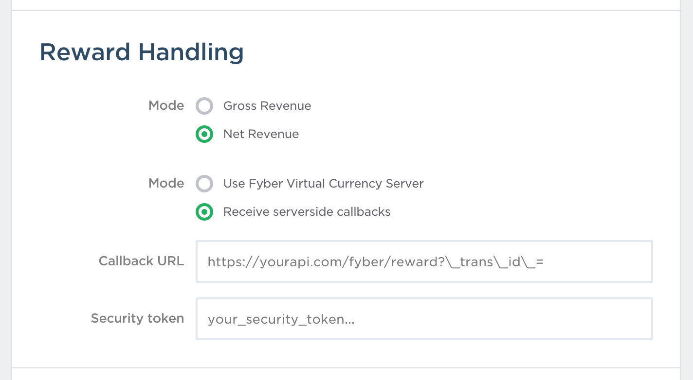 Fyber offer wall settings page
