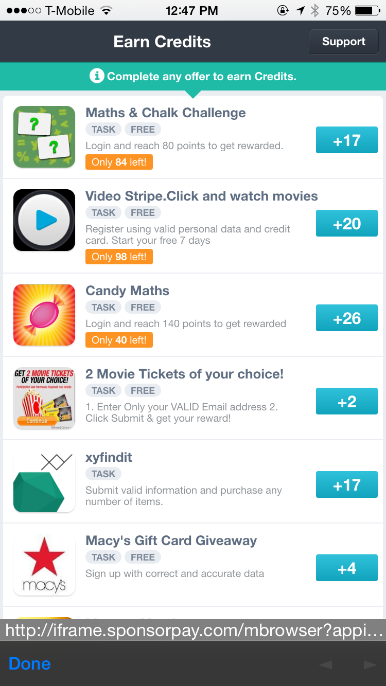 A screenshot of an open Fyber offer wall in a cordova app
